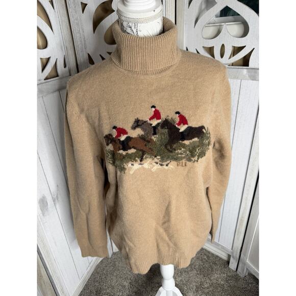 Ralph Lauren Sweaters - RALPH LAUREN Tan Equestrian Horse English Fox Hunt 100% Lambswool Sweater Large